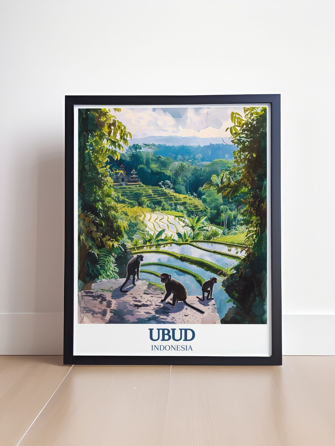 Ubud Monkeys Overlooking Rice Terraces Temple Bali Indonesia Poster - Image 4