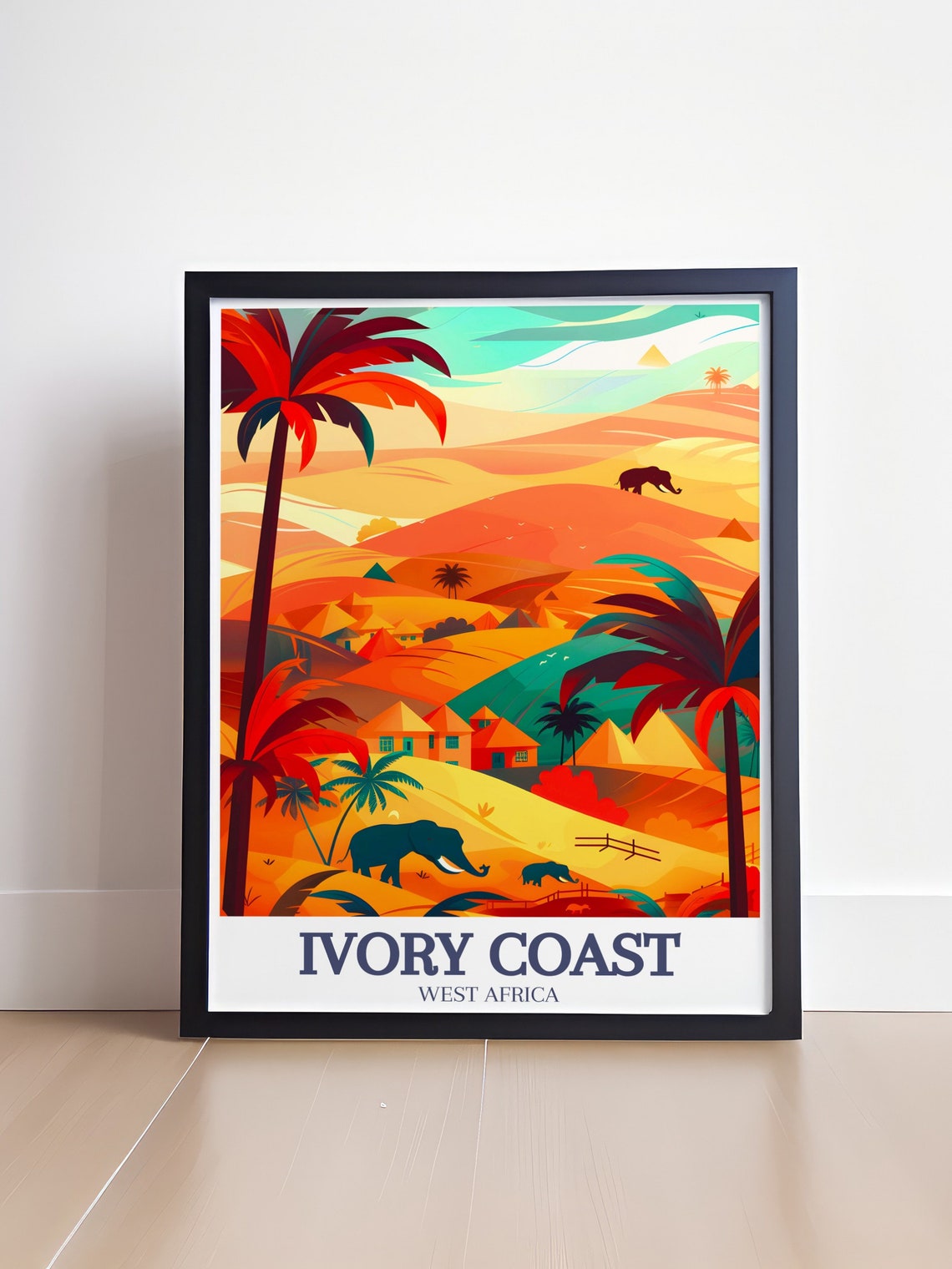 Ivory Coast West Africa Savanna Elephants Palm Sunset Art Poster - Image 4