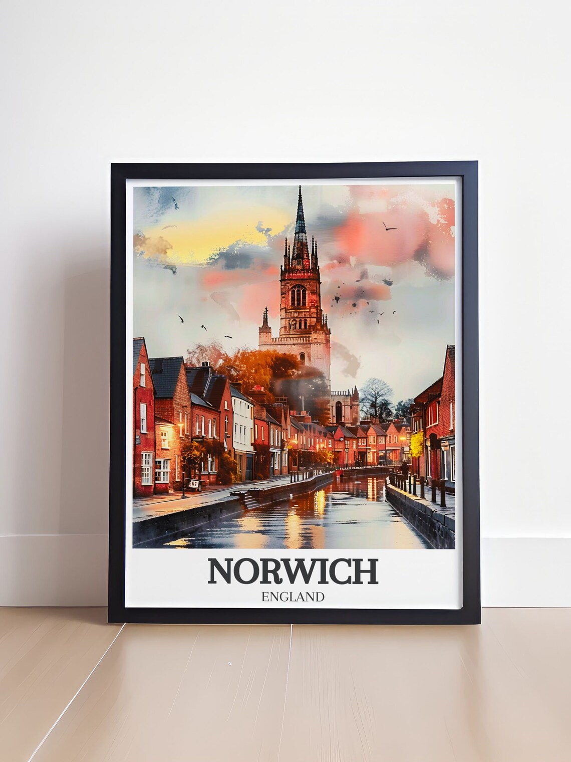 Norwich England Watercolor Cathedral Spire Over River Wensum Poster - Image 4