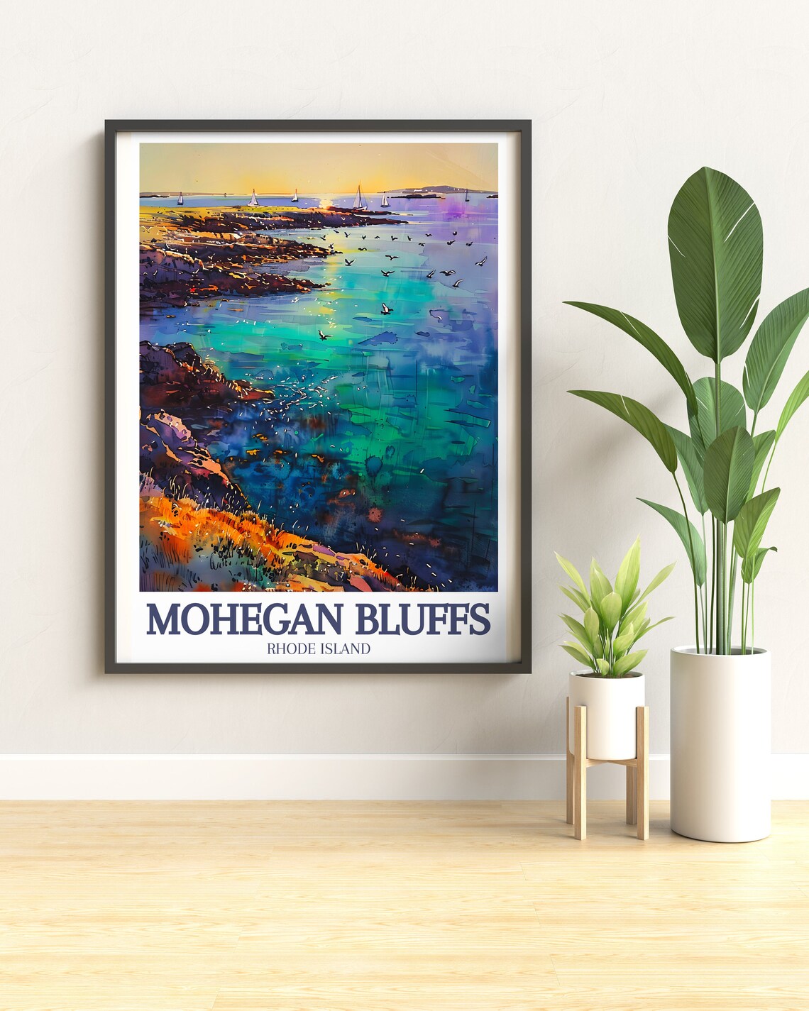 Mohegan Bluffs Rhode Island Golden Sunset Watercolor Coast Poster - Image 3