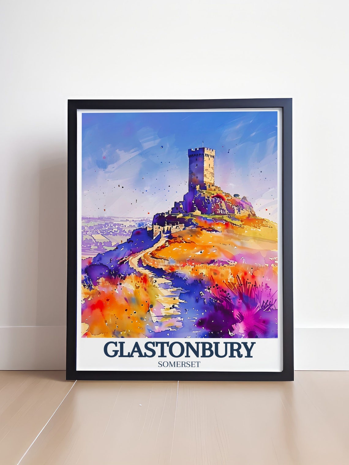 Glastonbury Somerset Tor St Michael Tower Watercolor Landscape Poster - Image 4