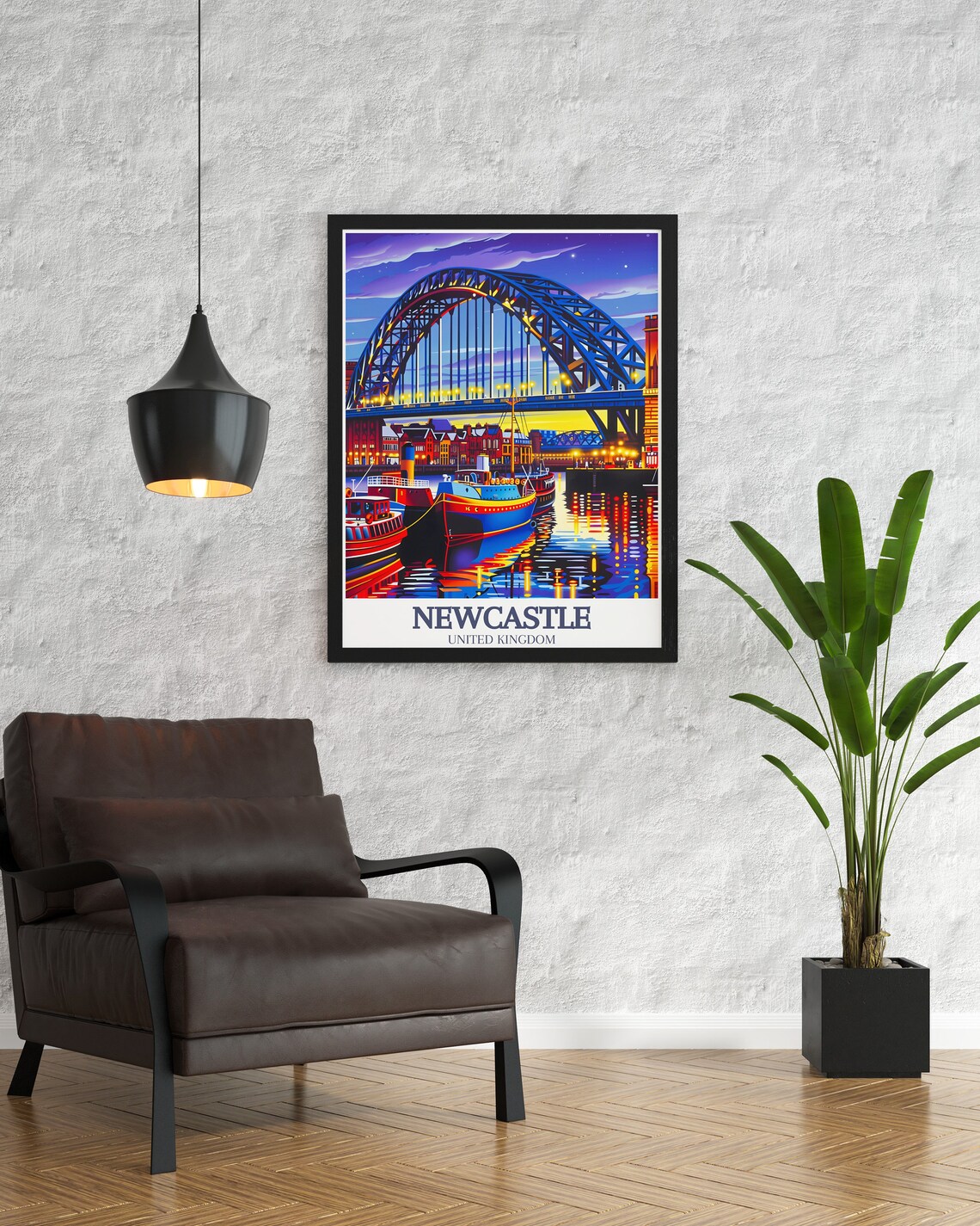 Newcastle Tyne Bridge Night City Lights River Boats Travel Poster - Image 2