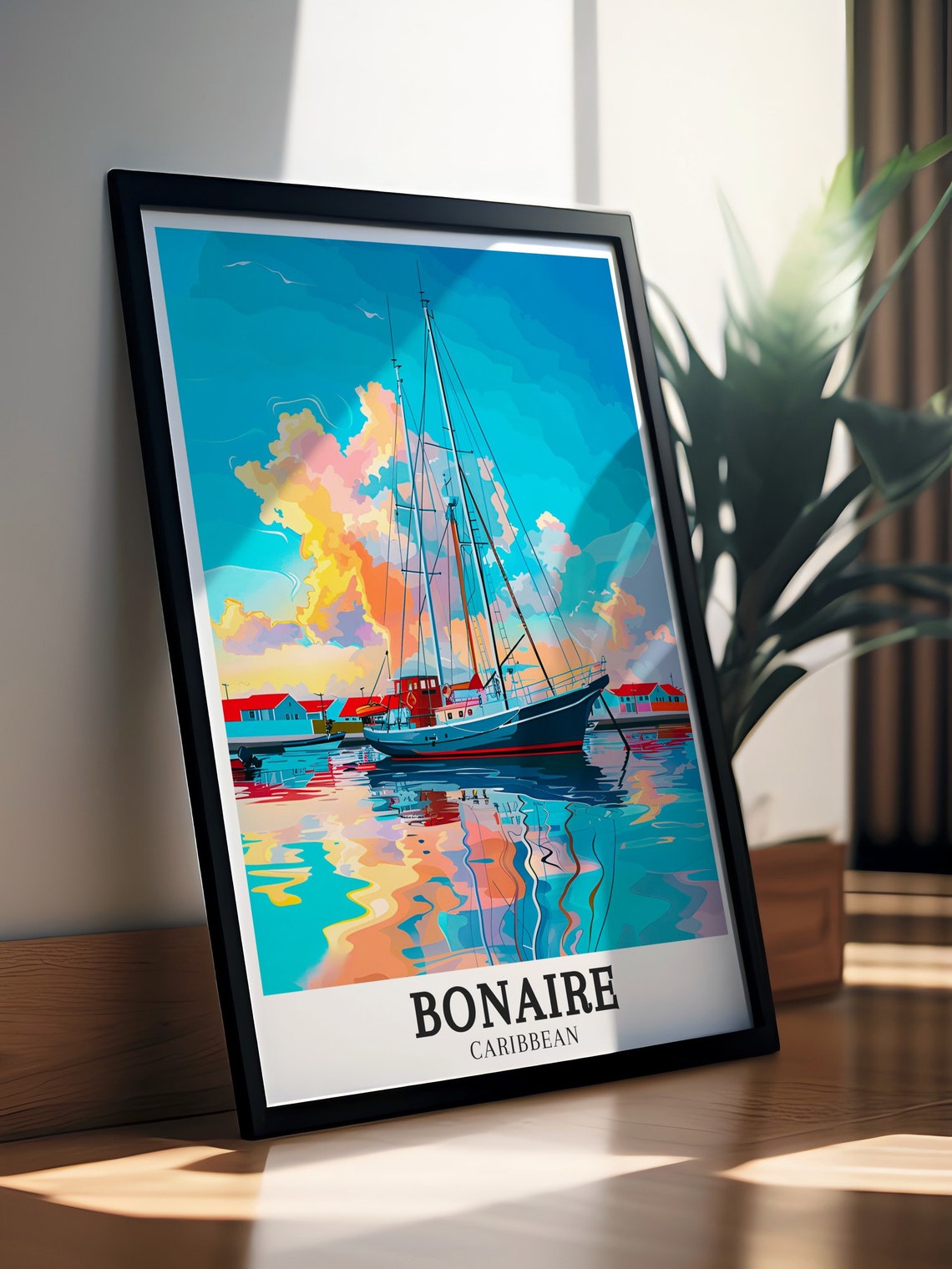 Bonaire Kralendijk Harbor Sailboat at Glowing Sunset Art Poster - Image 2