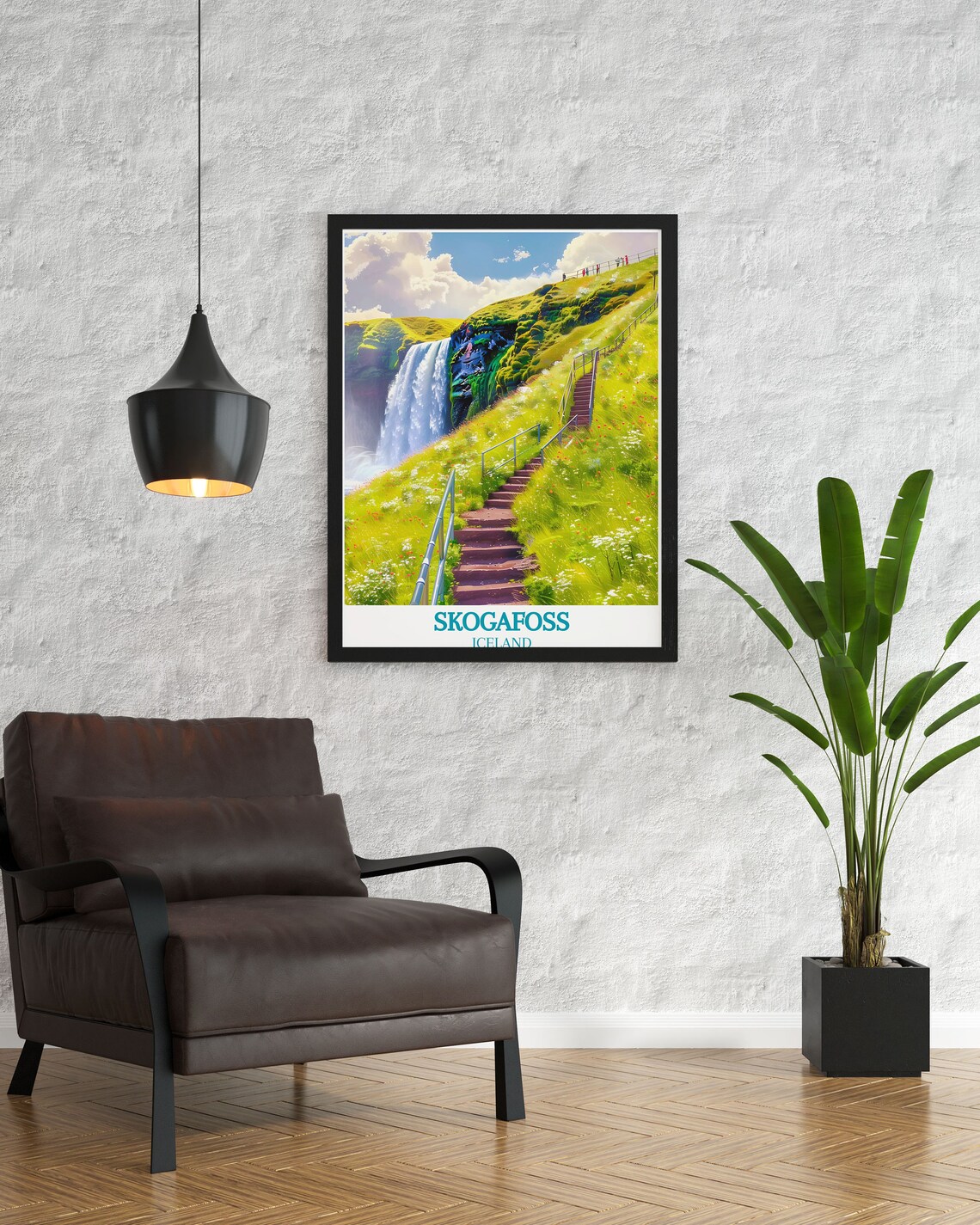 Skógafoss Iceland Waterfall and Staircase Green Hillside Poster - Image 2