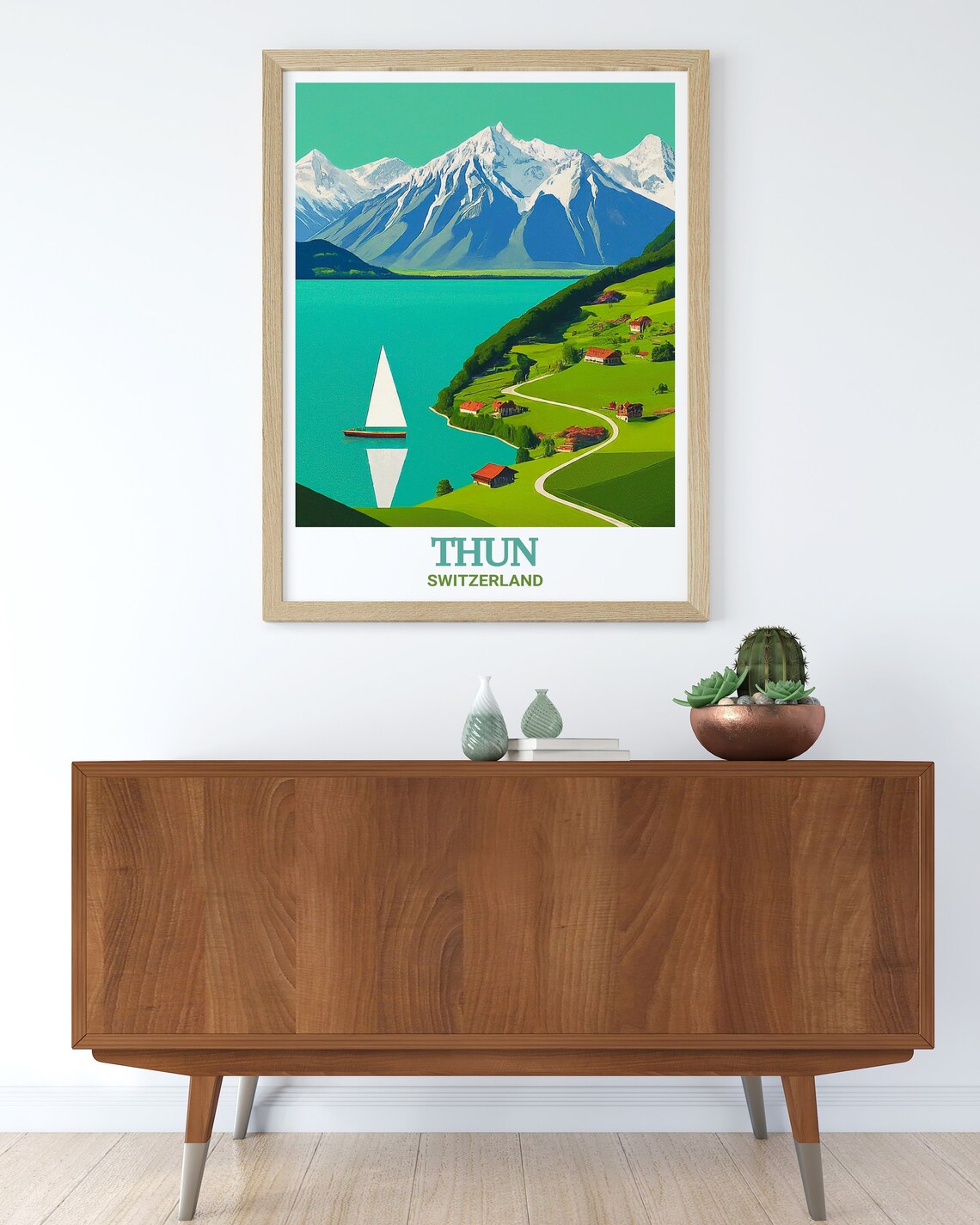 Thun Lake Sailboat Against Snowy Alpine Mountain Peaks Poster - Image 2