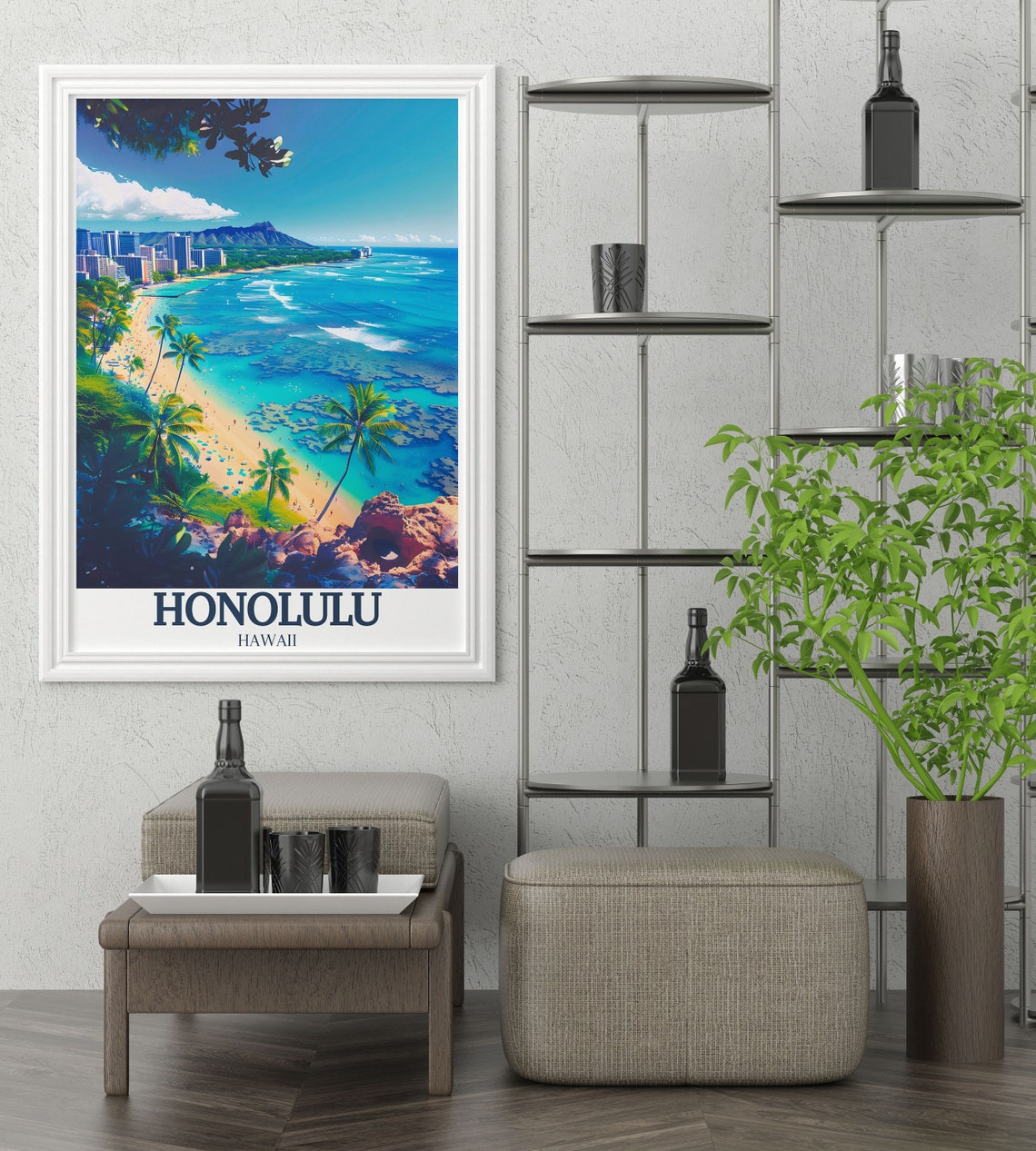 Honolulu Hawaii Waikiki Beach and Diamond Head Ocean View Poster - Image 2