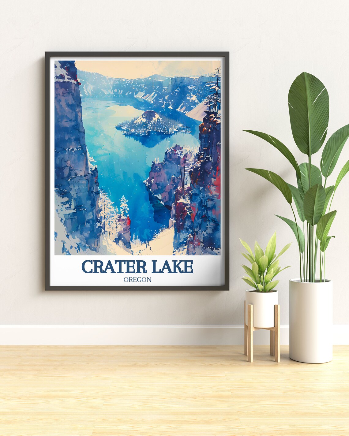 Crater Lake Oregon Snowy Winter Vista Wizard Island Blue Travel Poster - Image 2