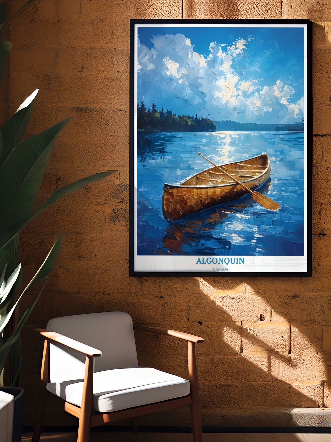 Algonquin Canada Wooden Canoe Blue Lake Painterly Travel Poster - Image 3
