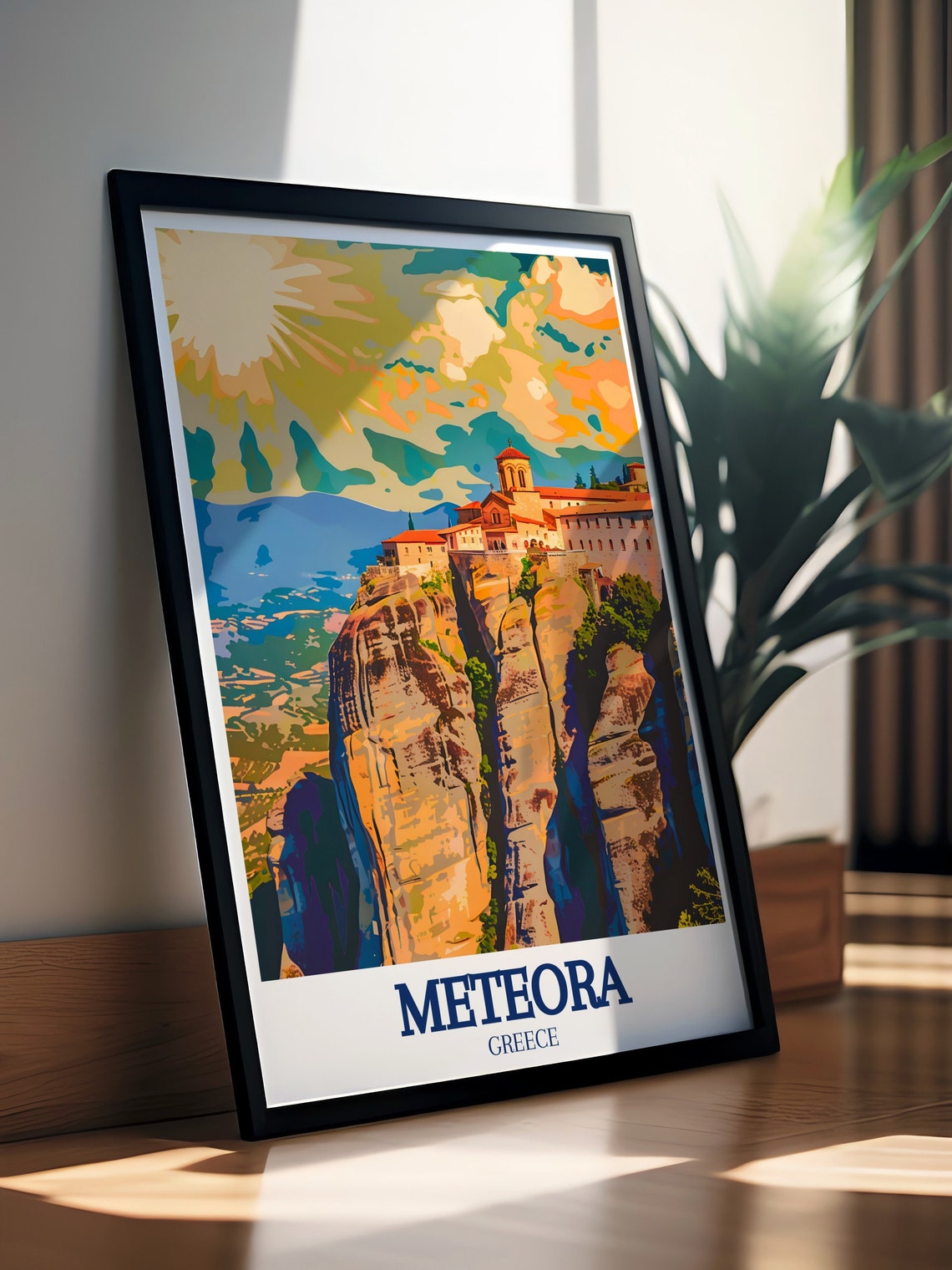 Meteora Cliffs With a Fiery Sunset Over Greece Travel Poster - Image 3