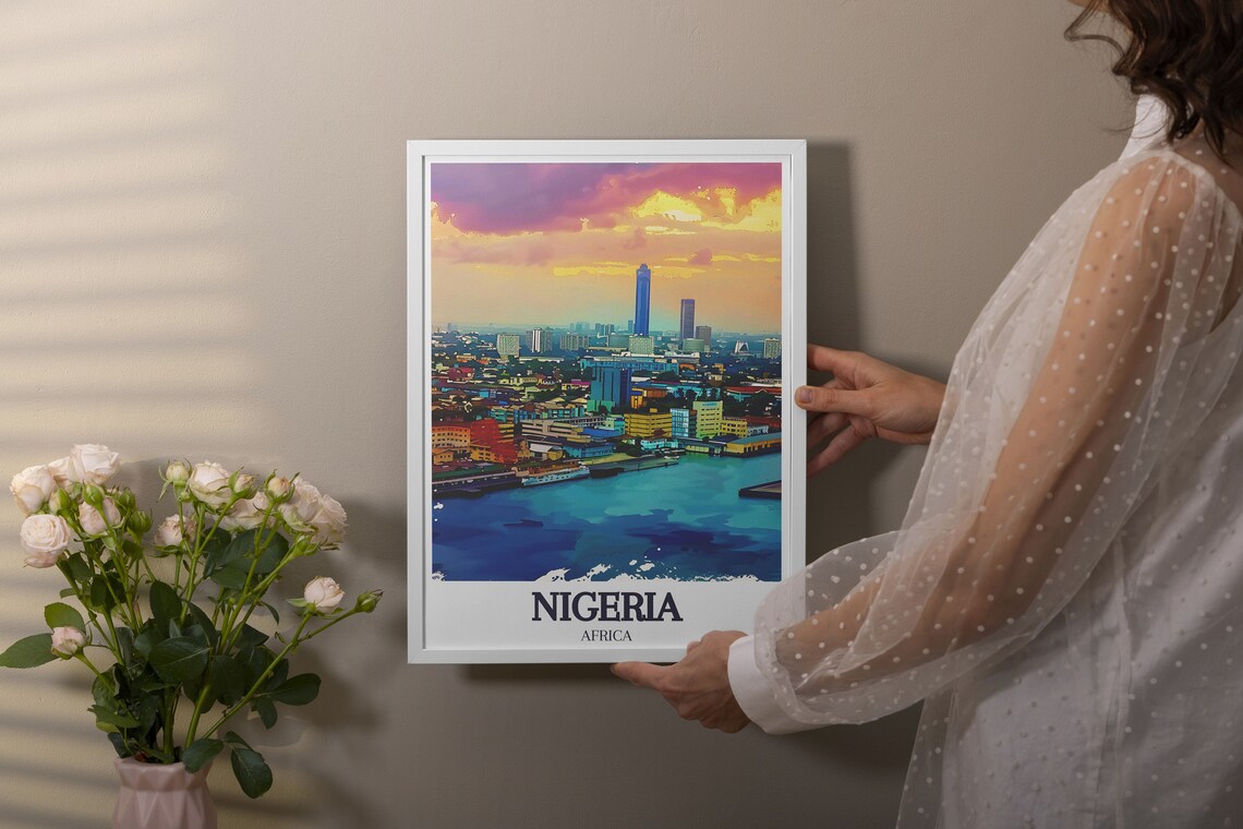 Nigeria Africa Lagos Victoria Island Skyline Sunset Watercolor Poster - Image 3