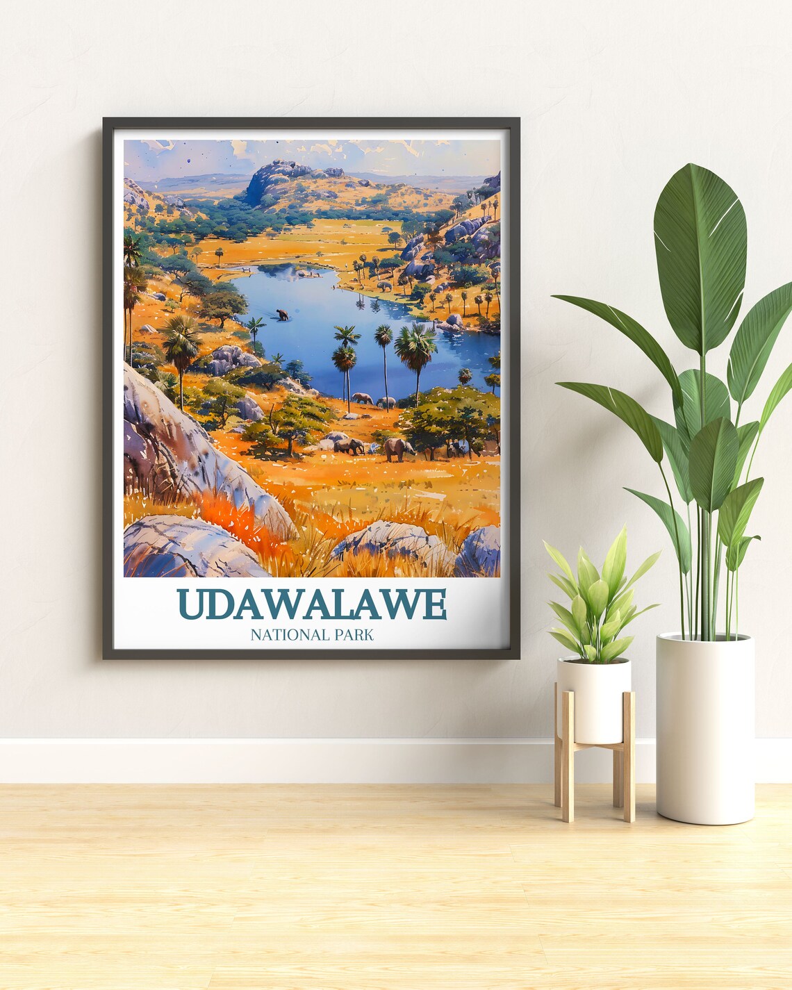 Udawalawe Reservoir Lake Elephants Golden Hills Travel Art Poster - Image 3