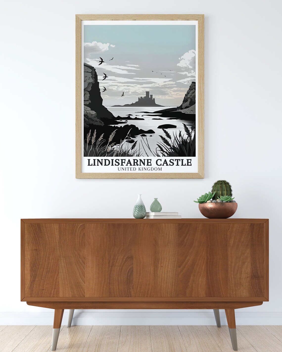 Lindisfarne Castle United Kingdom Monochrome Seascape Bird Art Poster - Image 3