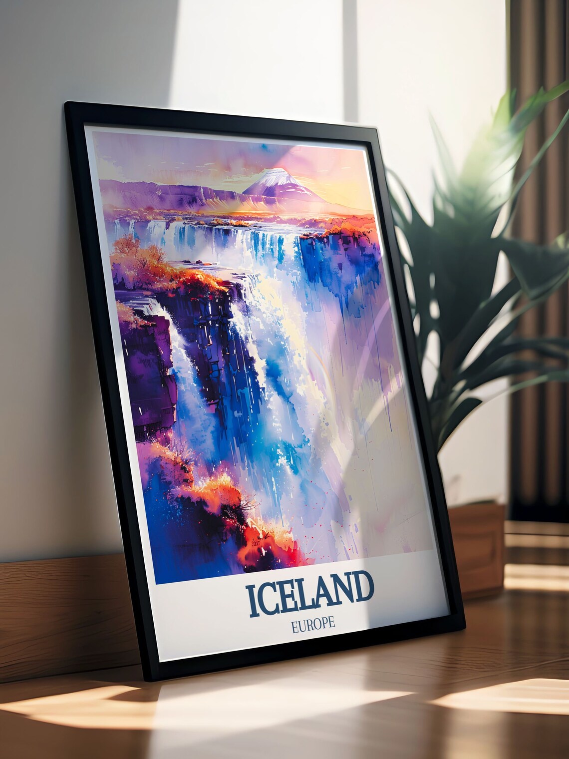 Iceland Skogafoss Waterfall Volcano Purple Dusk Watercolor Poster - Image 2