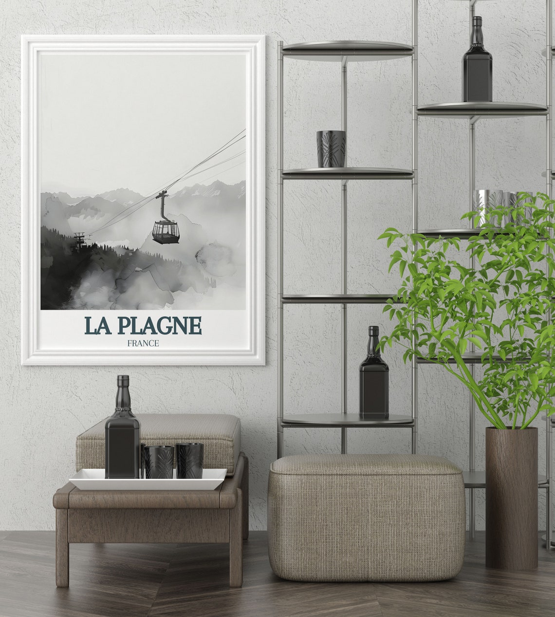 La Plagne Cable Car Misty Mountains Monochrome Watercolor Poster - Image 2