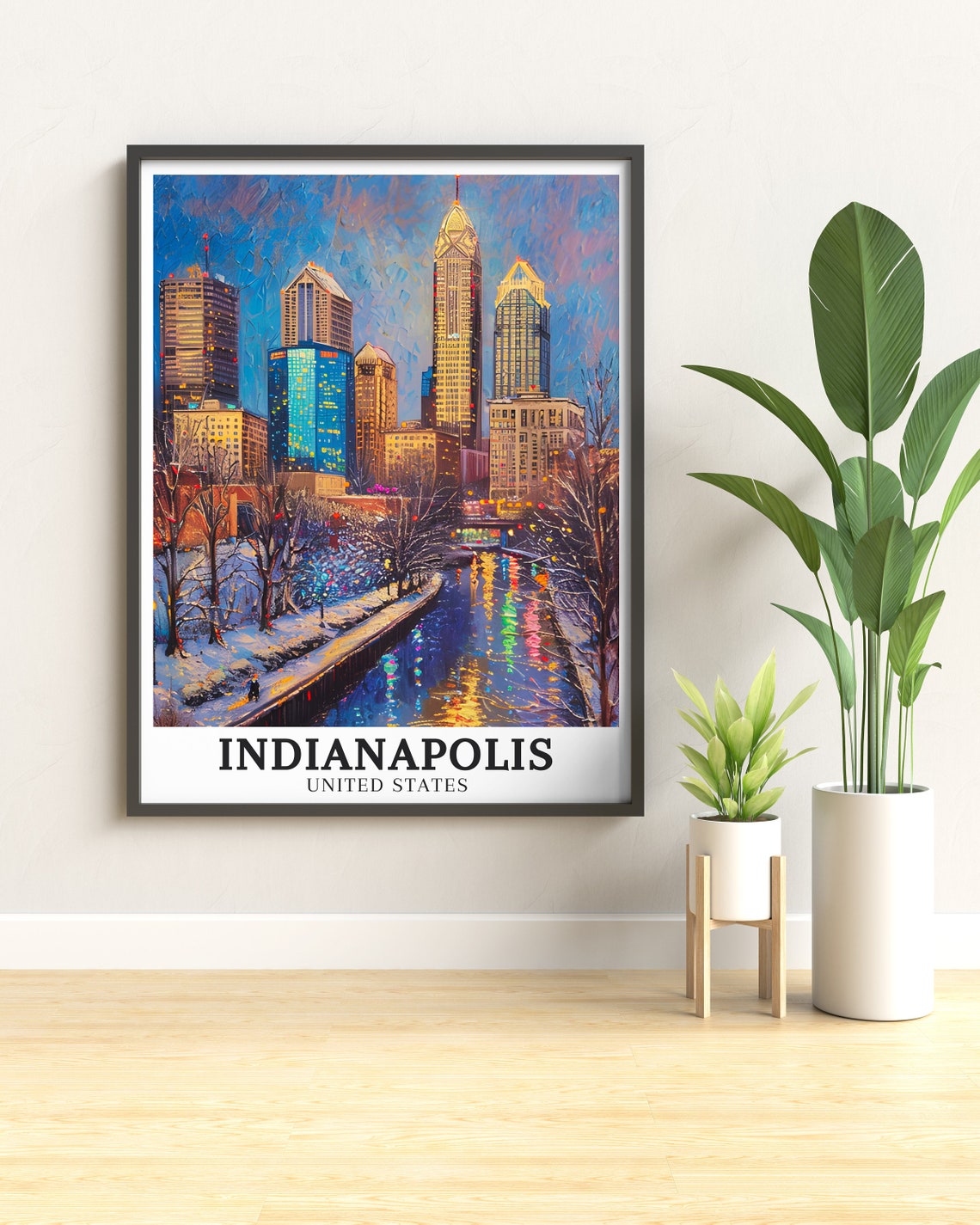 Indianapolis Canal Walk Winter Skyline Snow Impressionist Poster - Image 2