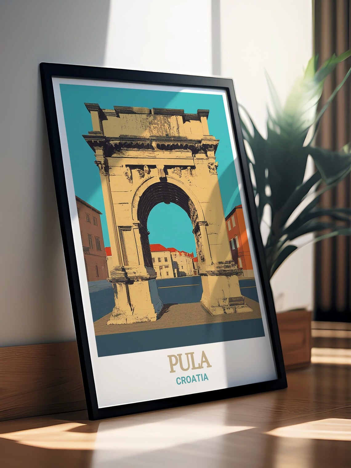 Pula Croatia Poster with Arch of the Sergii in Retro Graphic Style - Image 3