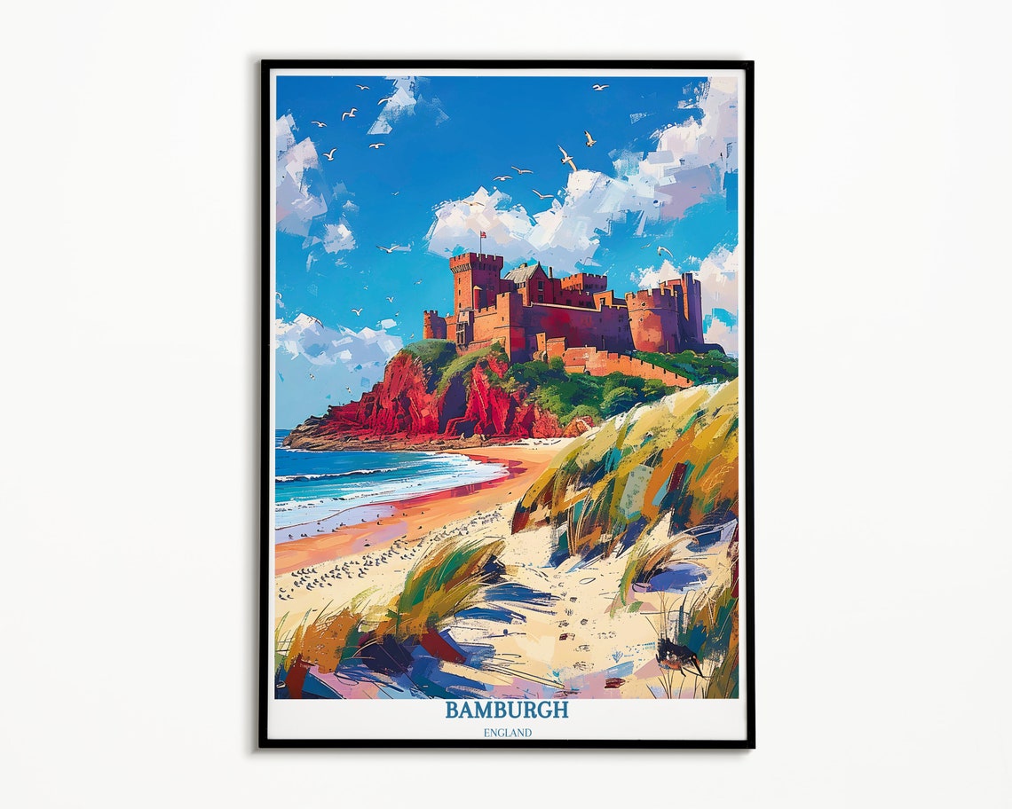 Bamburgh Castle Beach and Sandy Dunes Under Bright Summer Sky Poster - Image 3