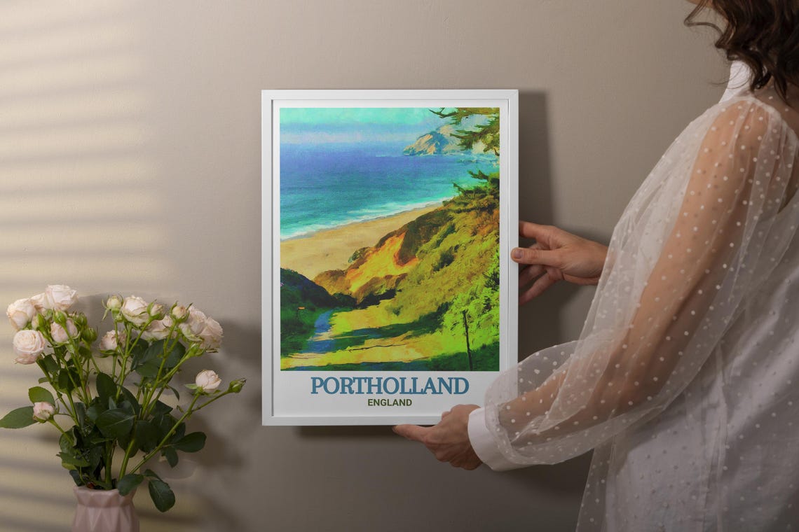 Portholland England Poster with Coastal Cliffs and Beach Watercolor - Image 2