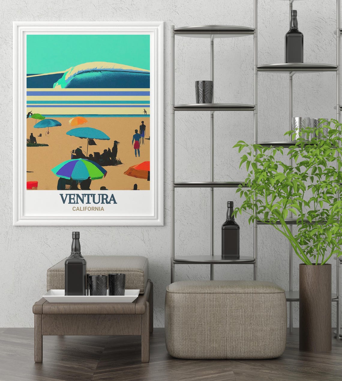 Ventura California Beach Umbrellas Surfers Wave Art Travel Poster - Image 2