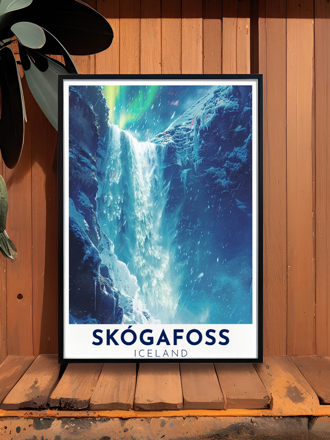Skogafoss Iceland Frozen Waterfall Aurora Borealis Night Poster - Image 3