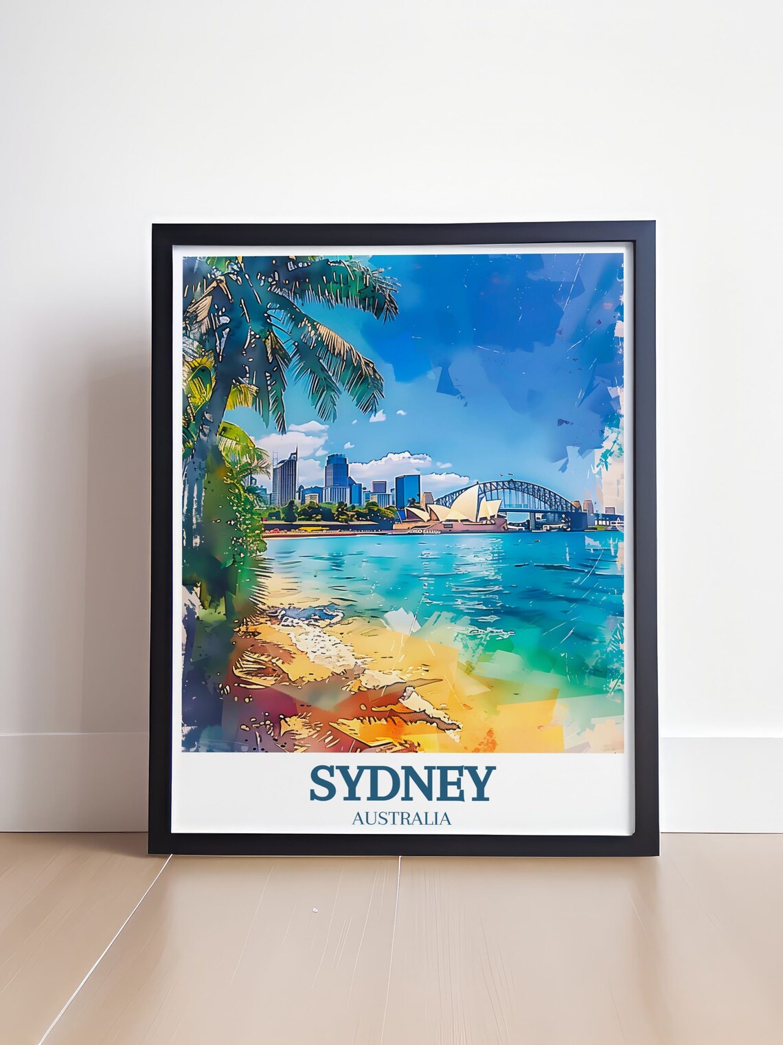 Sydney Australia Harbor Beach Palms Watercolor Travel Poster - Image 4