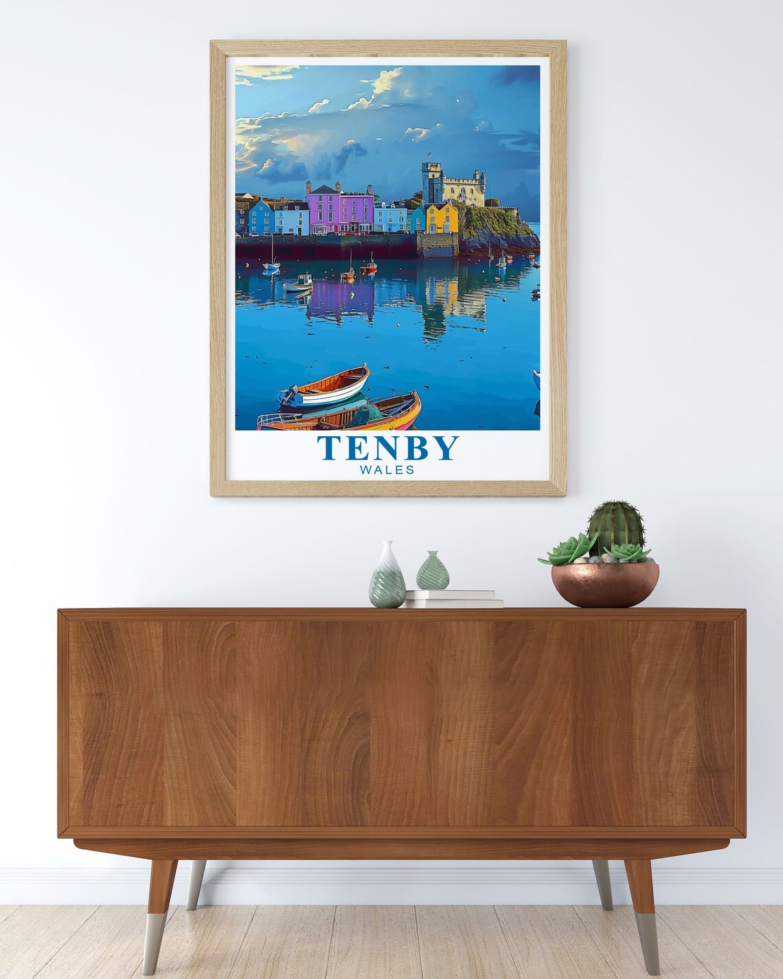 Tenby Wales Harbor Pastel Houses Castle and Boats Travel Poster - Image 3