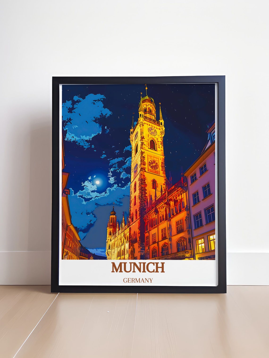 Munich Germany Old Town Clock Tower Moonlit Night View Travel Poster - Image 4