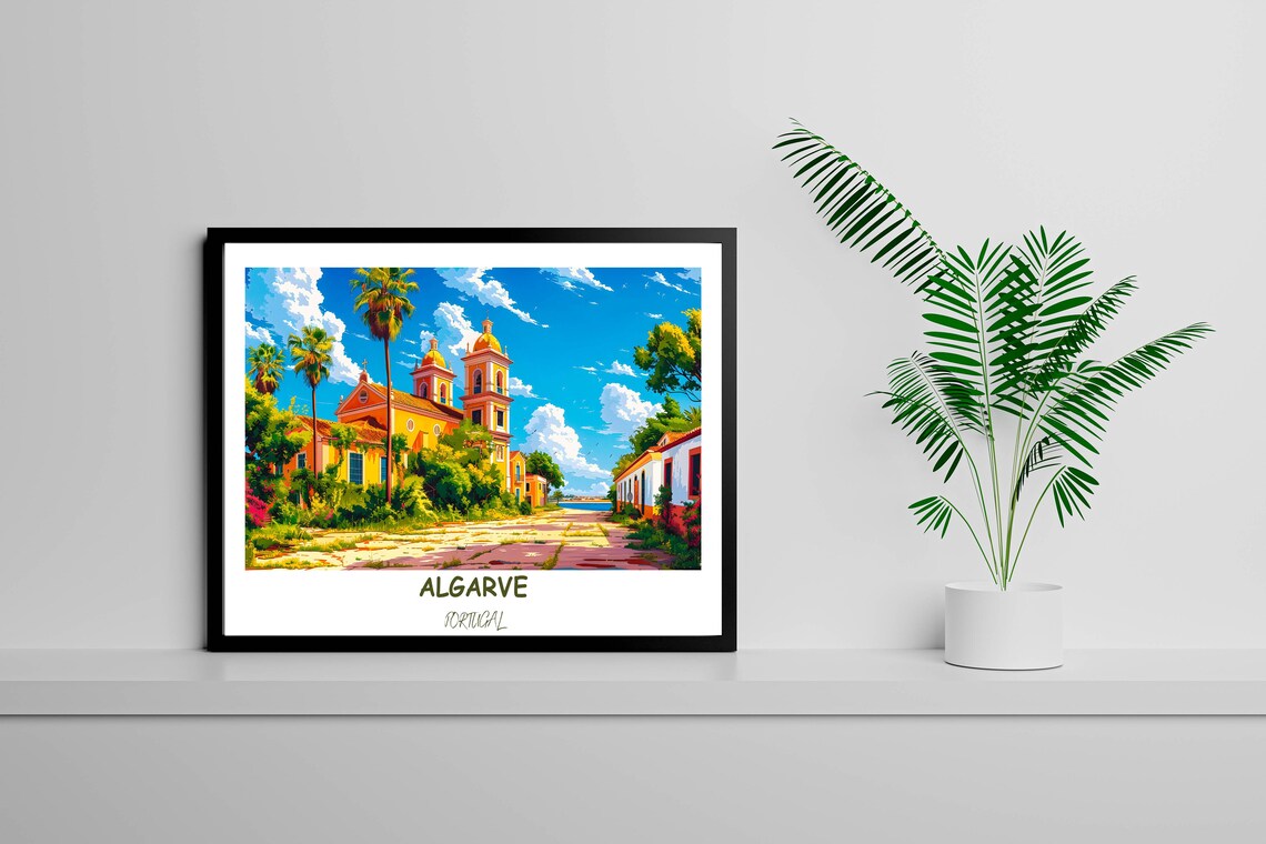 Algarve Portugal Yellow Church Palm Trees Square Vintage Travel Poster - Image 3