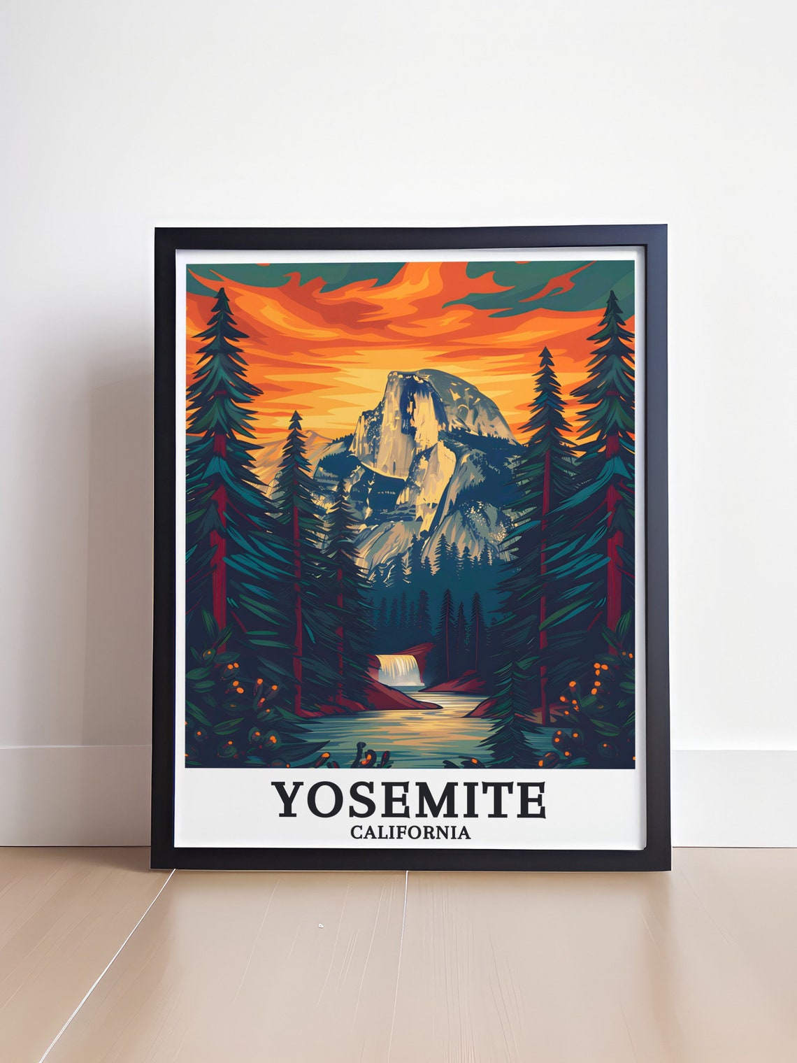 Yosemite Half Dome Fiery Sunset Pines River California Poster - Image 4