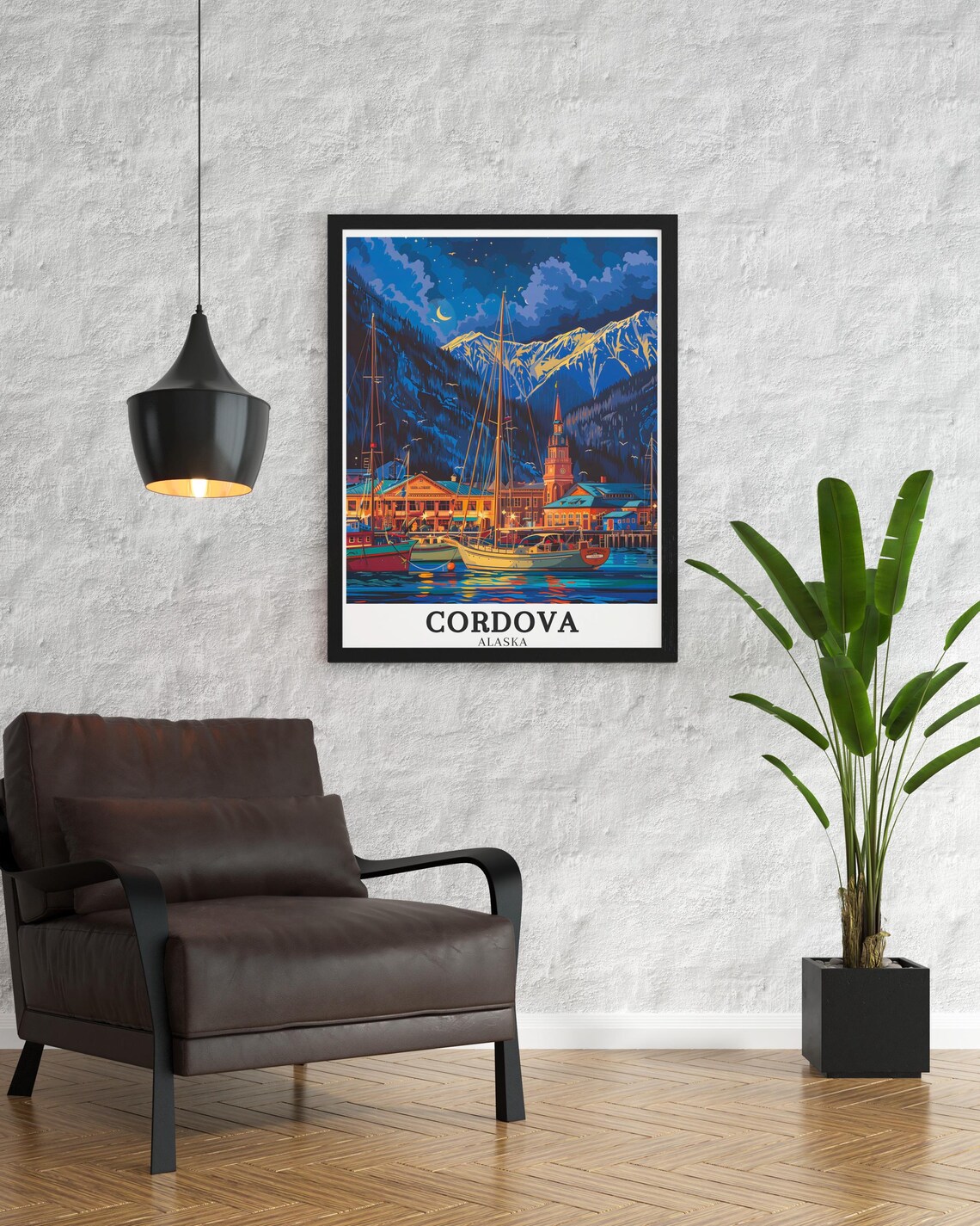 Cordova Alaska Night Harbor Sailboats Moonlit Mountains Town Poster - Image 2
