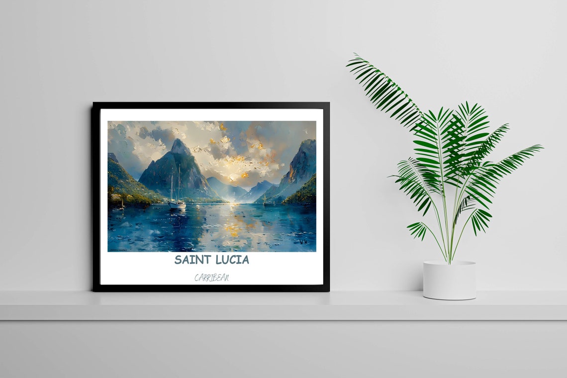 Saint Lucia Pitons Sailboat Golden Sunset Over Calm Seas Poster - Image 3