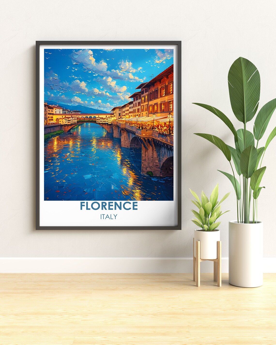 Florence Italy Travel Poster Ponte Vecchio Evening River Painting - Image 2