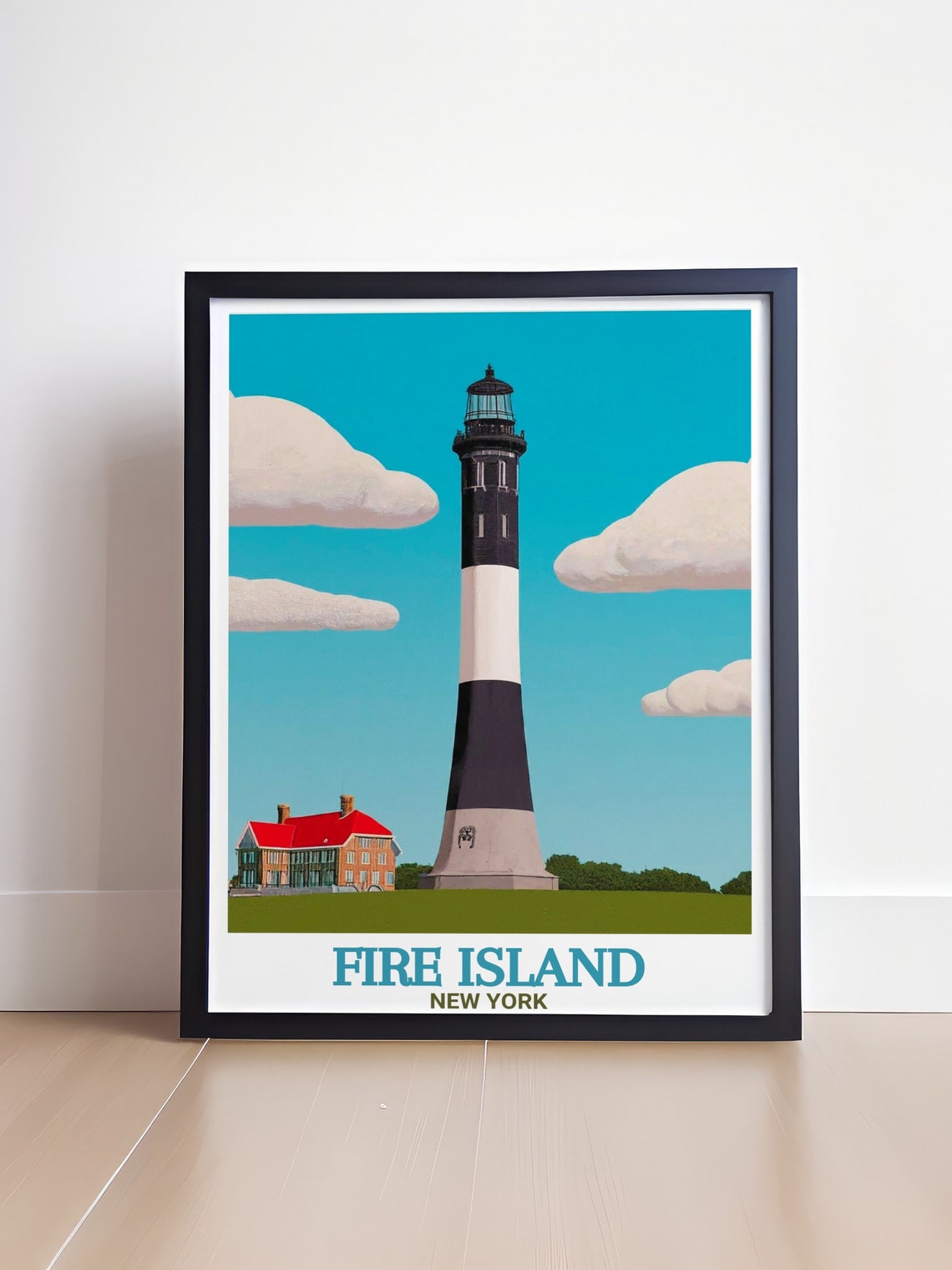 Fire Island New York Lighthouse Black White Tower Clouds Poster - Image 4