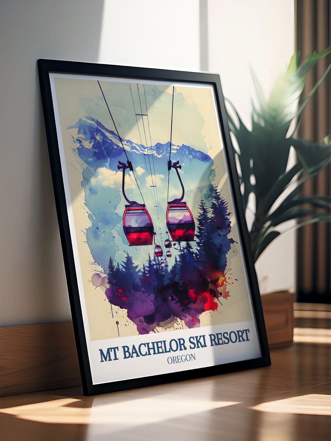 Mt Bachelor Ski Resort Watercolor Gondola Poster Over Forest - Image 3