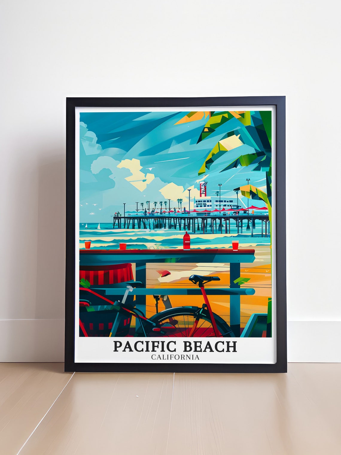 Pacific Beach California Pier Bicycles Geometric Coastal Poster - Image 4