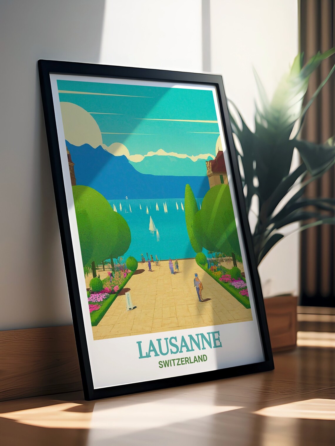 Lausanne Switzerland Lake Geneva Promenade Sailboats Alps View Poster - Image 3