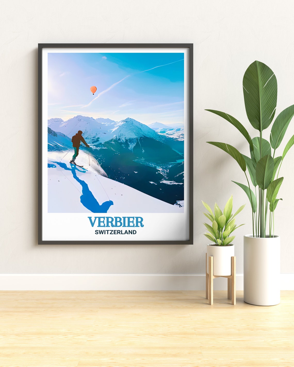 Verbier Switzerland Skier on Alpine Peak Hot Air Balloon Poster - Image 2