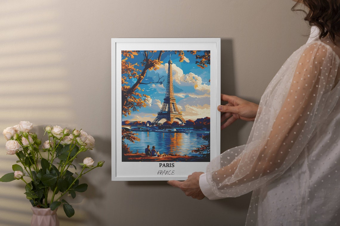 Paris Eiffel Tower Riverbank Golden Evening Picnic View Poster - Image 4