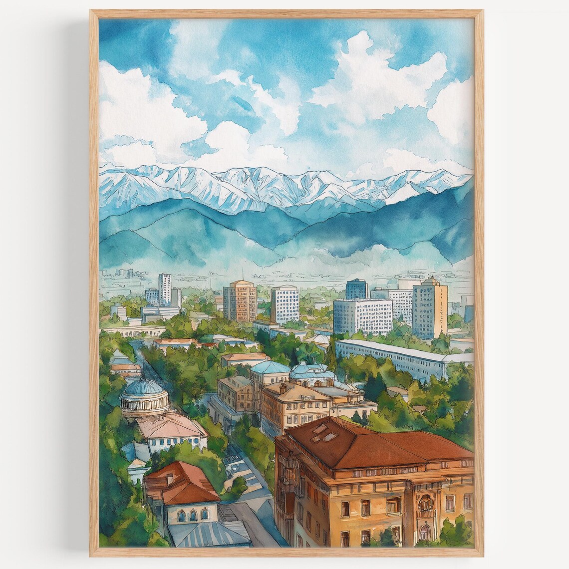 Almaty Kazakhstan City Skyline Snowcapped Mountains Watercolor Poster