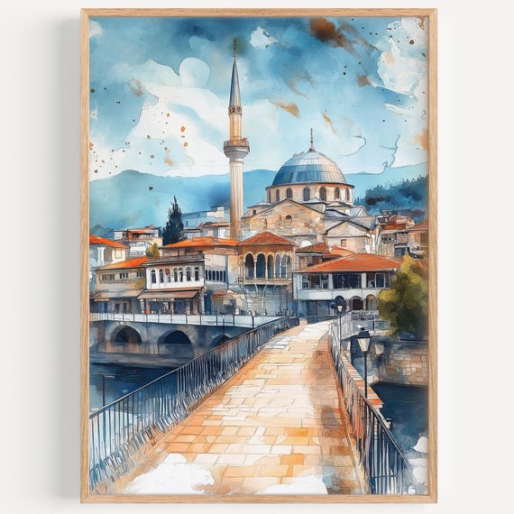 Skopje Watercolor Painting Wall Art Print Travel Poster Macedonia Decor Illustration Home