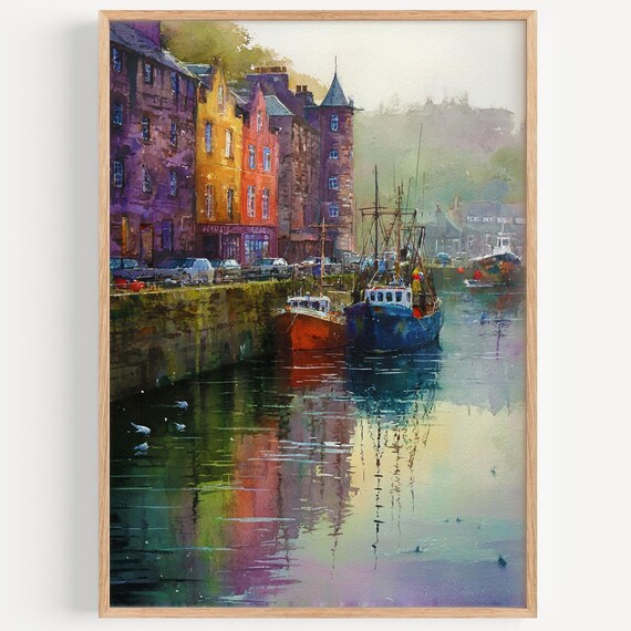 Oban Watercolor Painting Travel Poster Decor Illustration