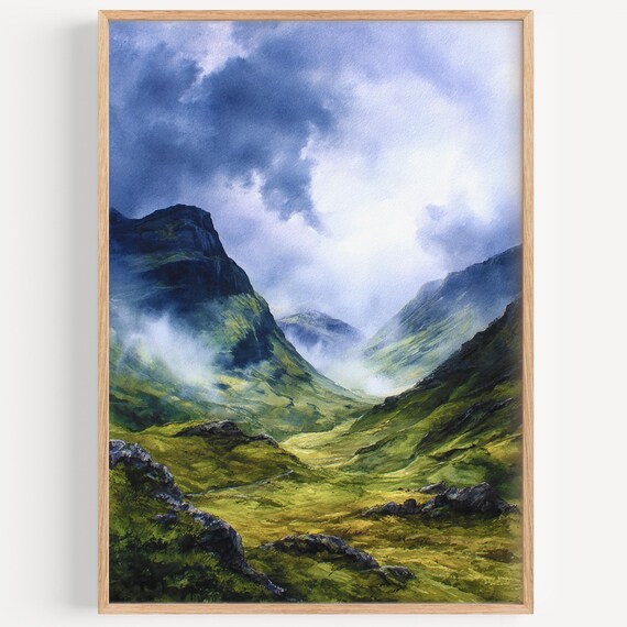 Glencoe Watercolor Travel Poster, Scotland Decor Art Print