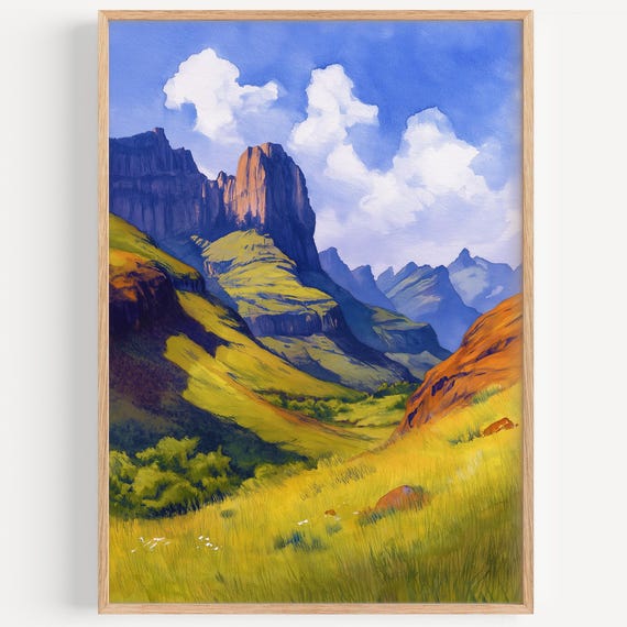 Drakensberg Watercolor Painting Wall Art Print Travel Poster South Africa Decor Illustration Home
