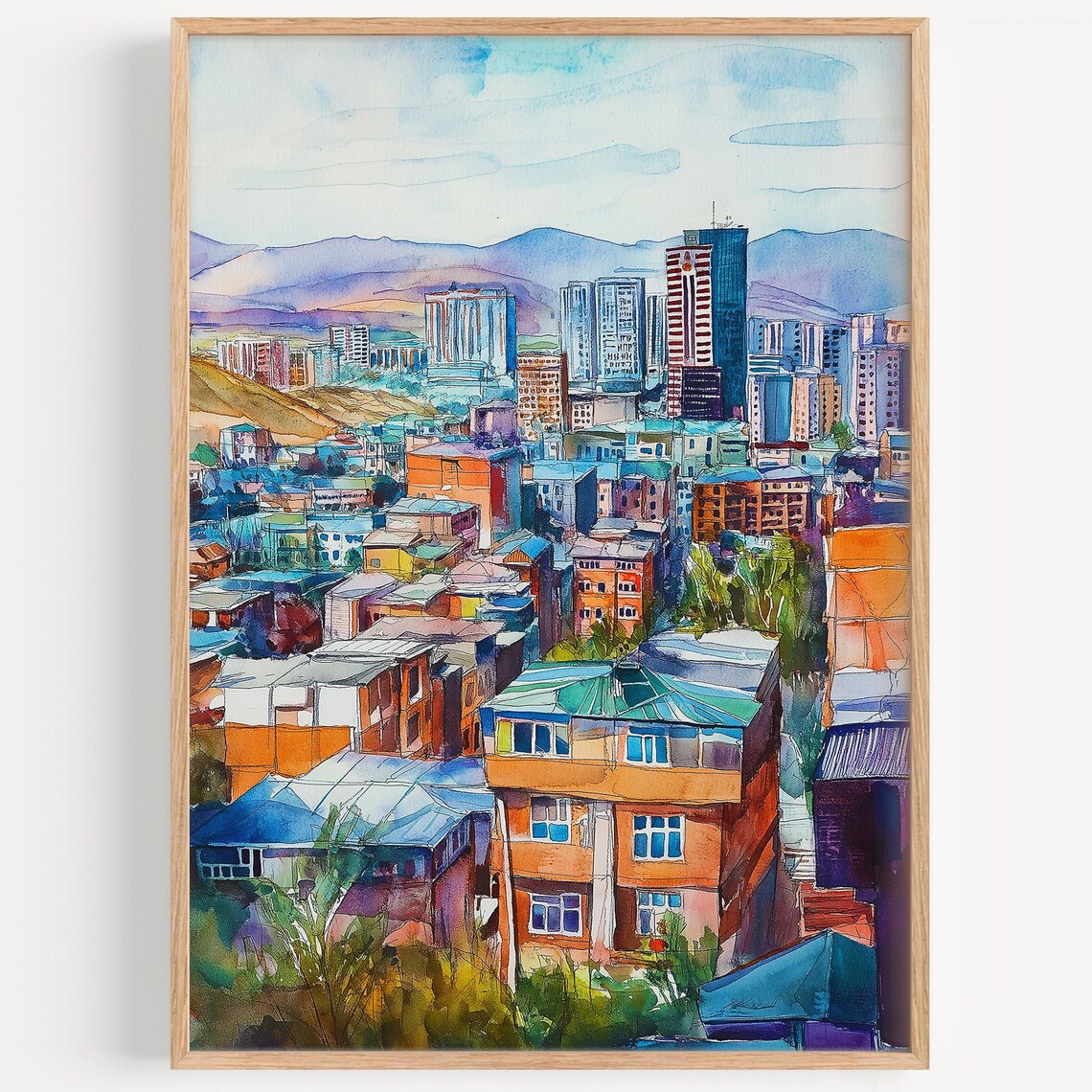 Ulaanbaatar City Watercolor Mountain View Travel Art Wall Poster