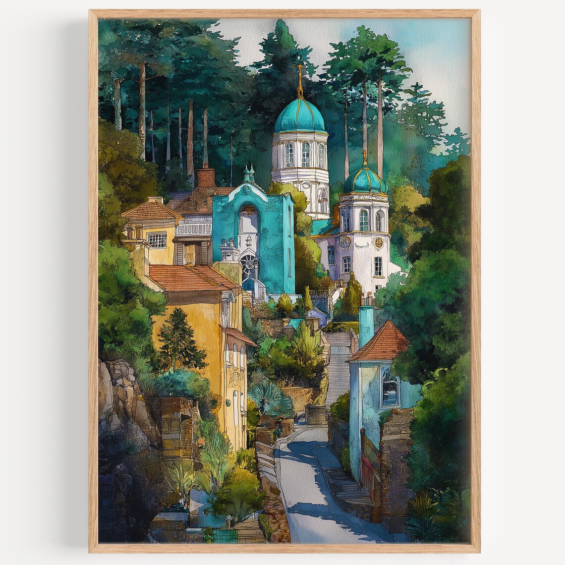 Portmeirion Village Watercolor Turquoise Domes Wales Travel Poster