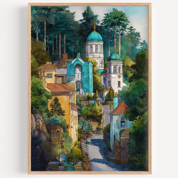 Portmeirion Watercolor Painting Wall Art Print Travel Poster Wales Decor Illustration Home