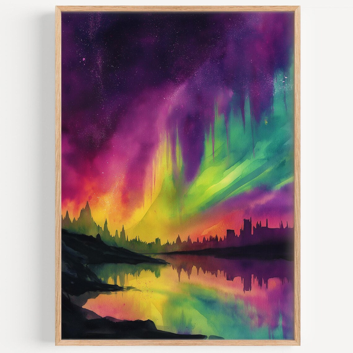 Colorful Aurora Borealis Night Sky Over Lake Watercolor Painting Poster