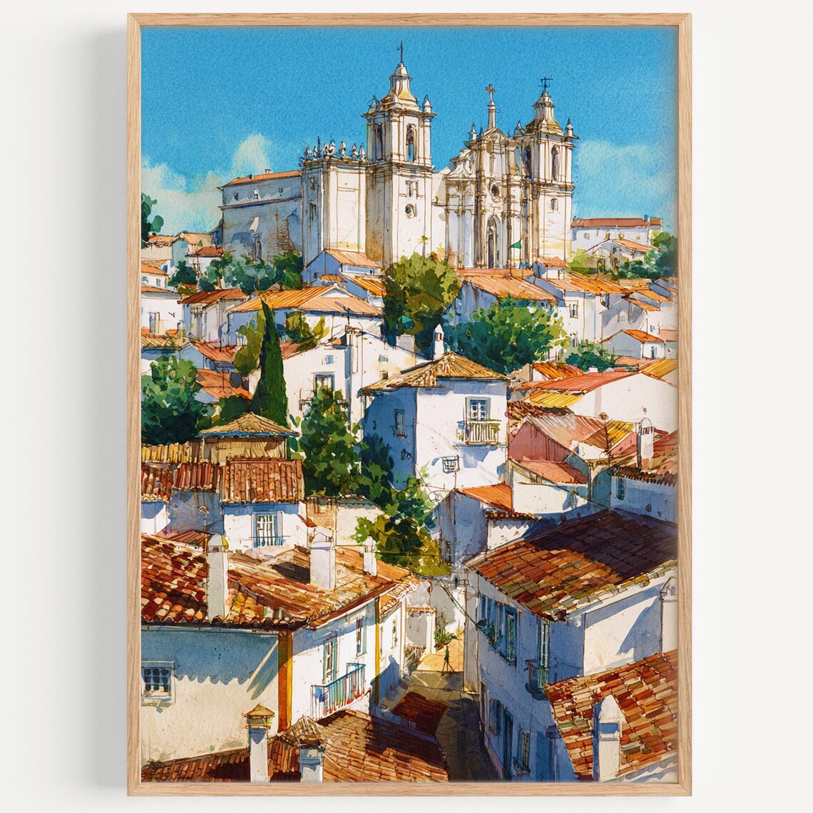 Evora Portugal Old Town Watercolor Cathedral and Terracotta Roofs Poster
