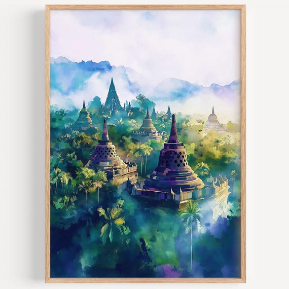 Borobudur Watercolor Painting Wall Art Print Travel Poster Indonesia Decor Illustration Home