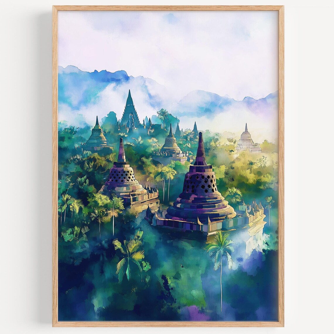 Borobudur Temple Watercolor Painting Stupas Jungle Mist Travel Poster